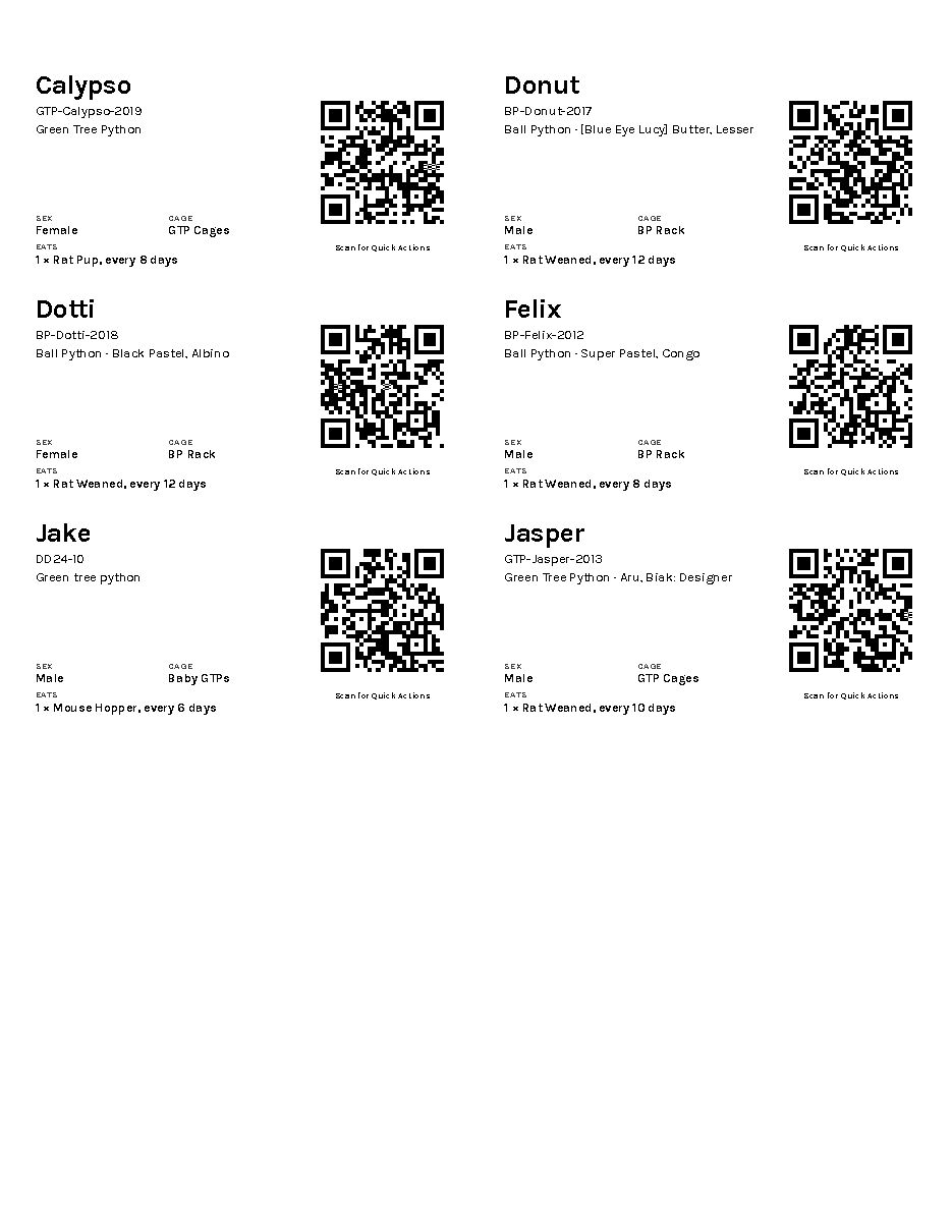 A sheet of printed cage cards, each with the animal's details and a QR code