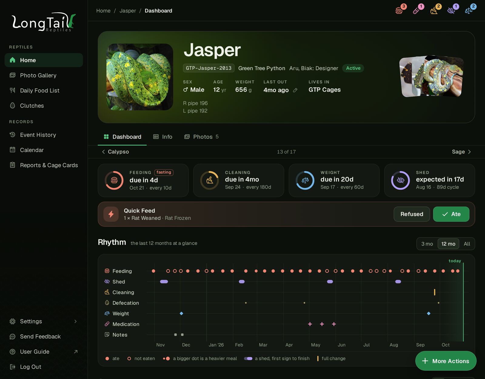 Jasper's dashboard: his photo and name, the care dials, Quick Feed and the Rhythm timeline