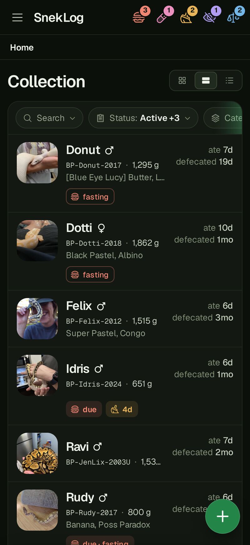 Home on a phone: one row per animal with its picture, name, record ID, weight and when it last ate