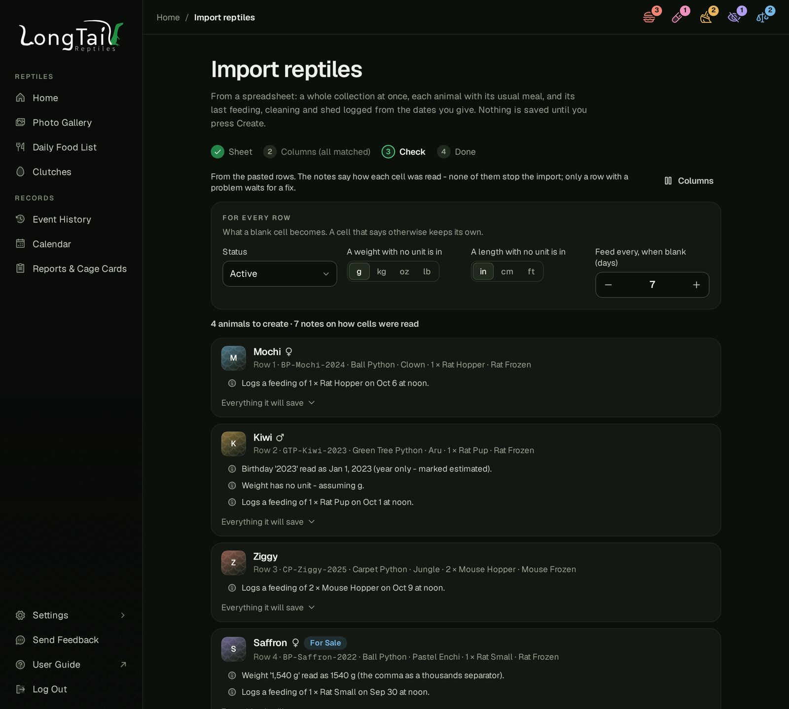 Importing reptiles from a spreadsheet: the Check step with a note on how each row was read