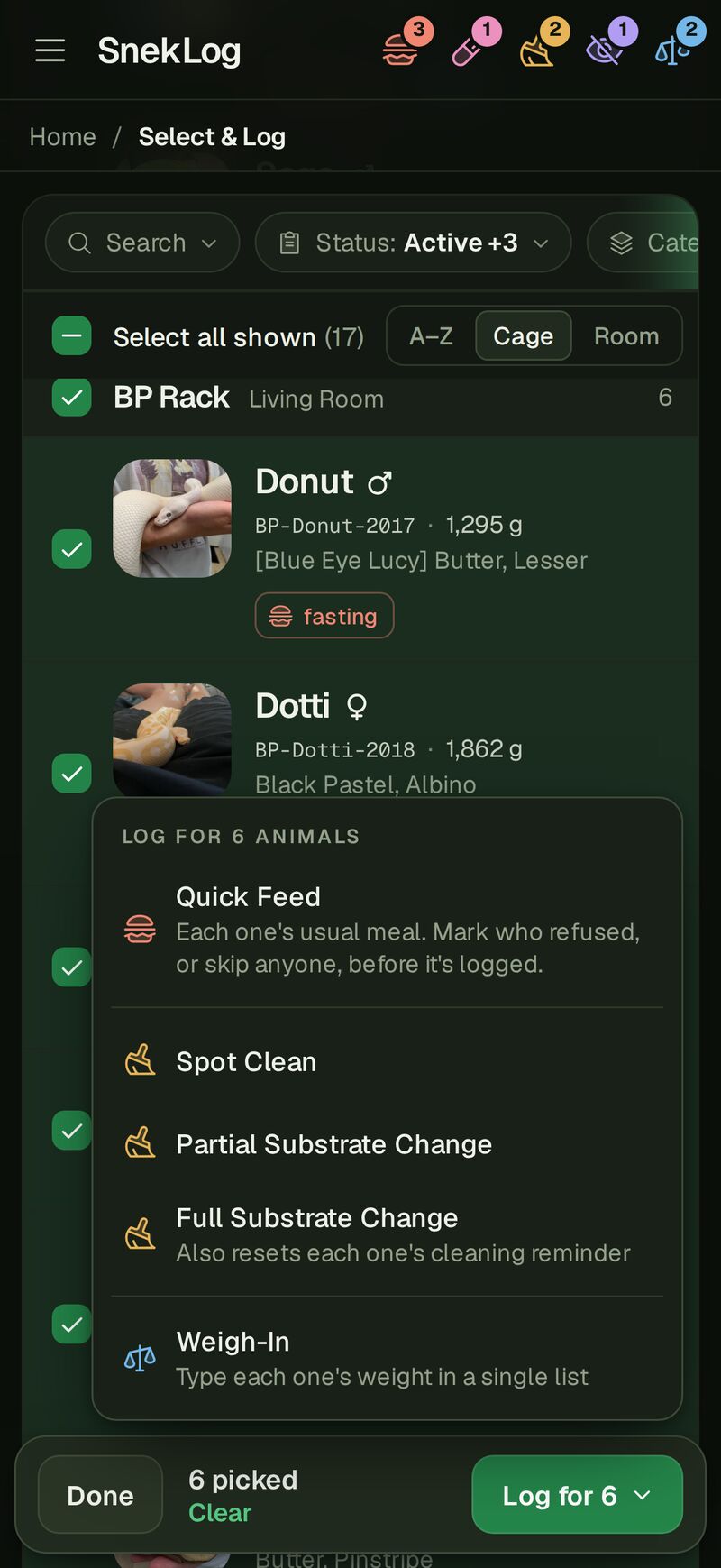 Select & Log on a phone: six animals ticked and the Log for 6 menu open
