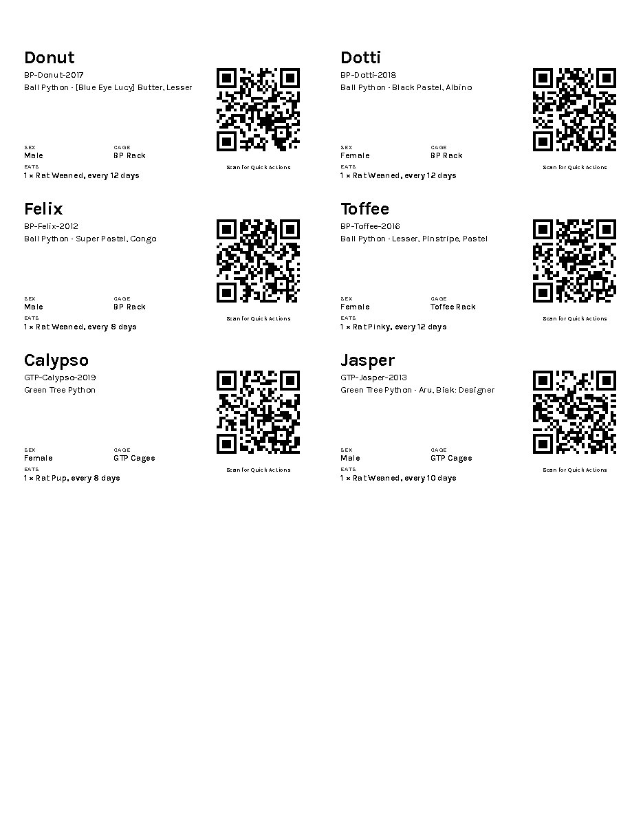 A printed sheet of cage cards