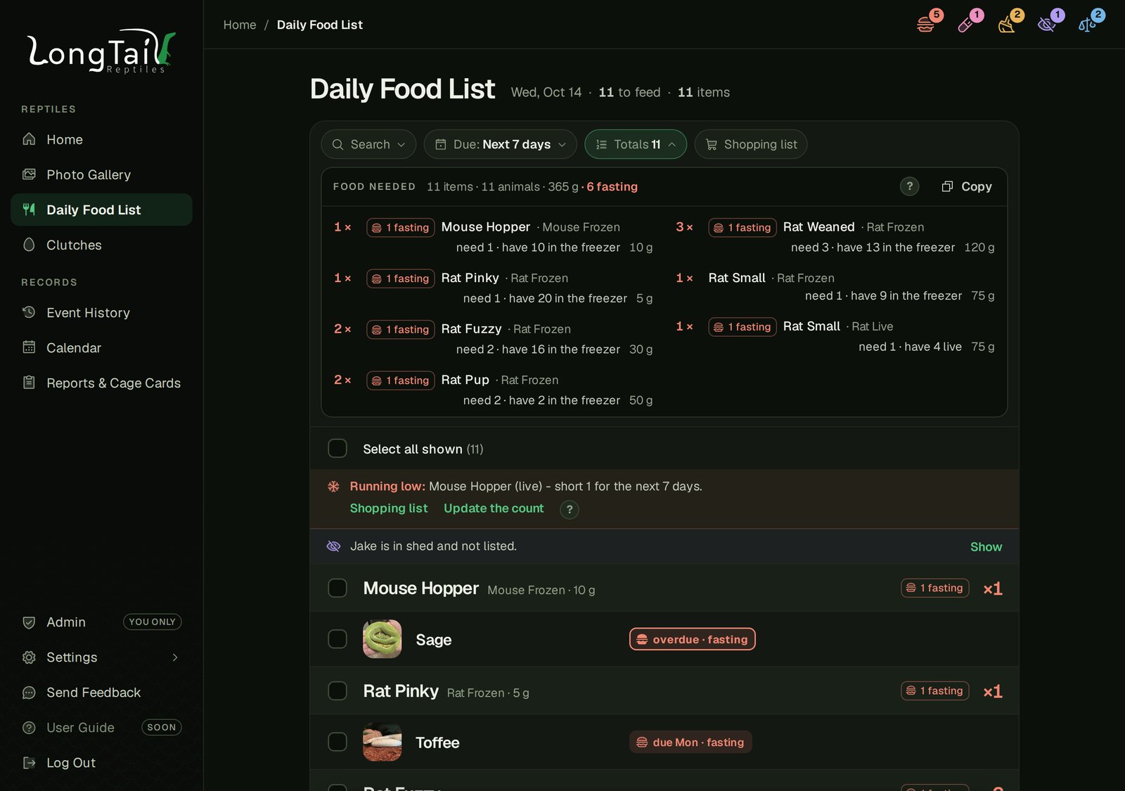 The Totals view, with the freezer and live counts