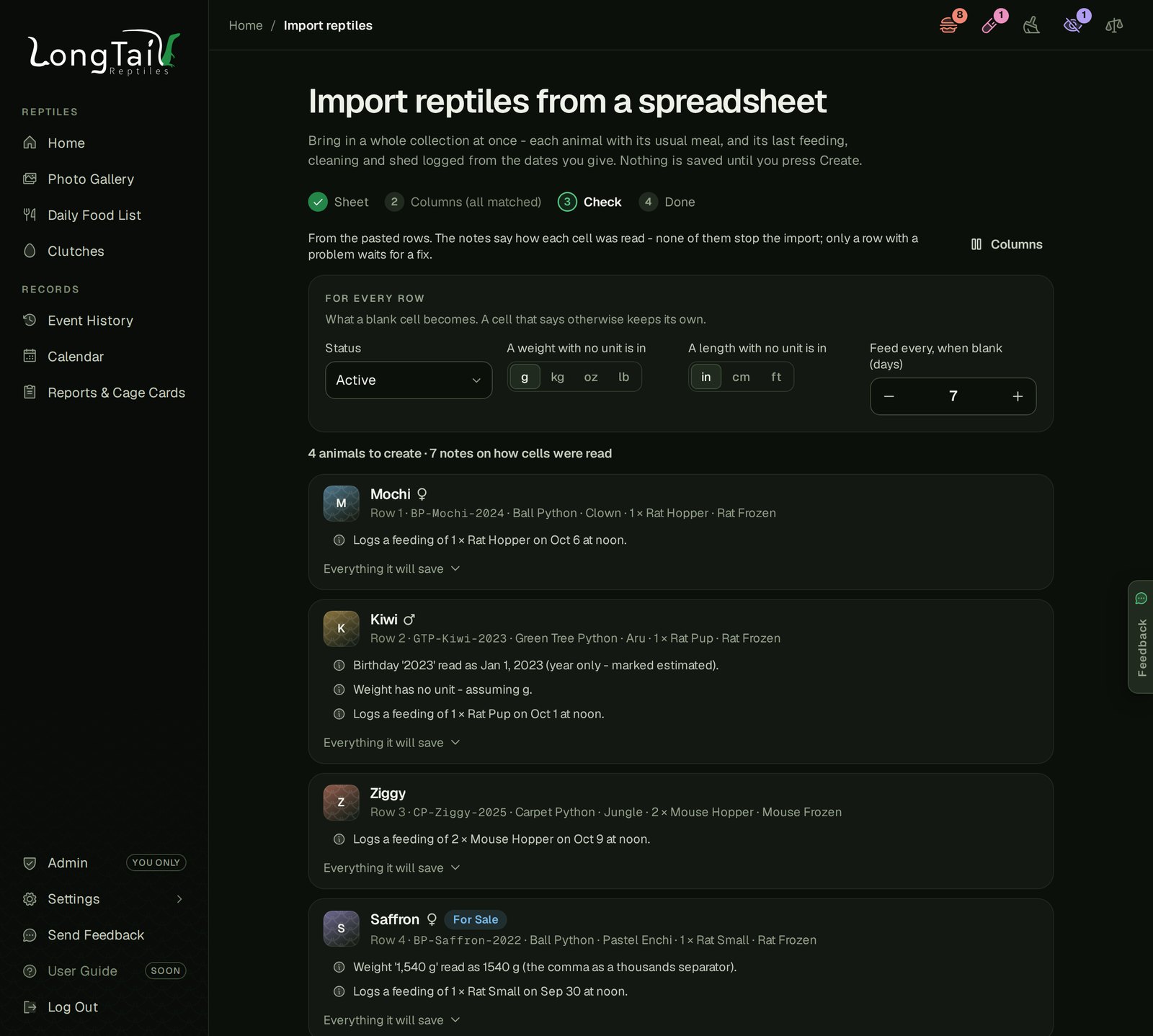 The import's Check step