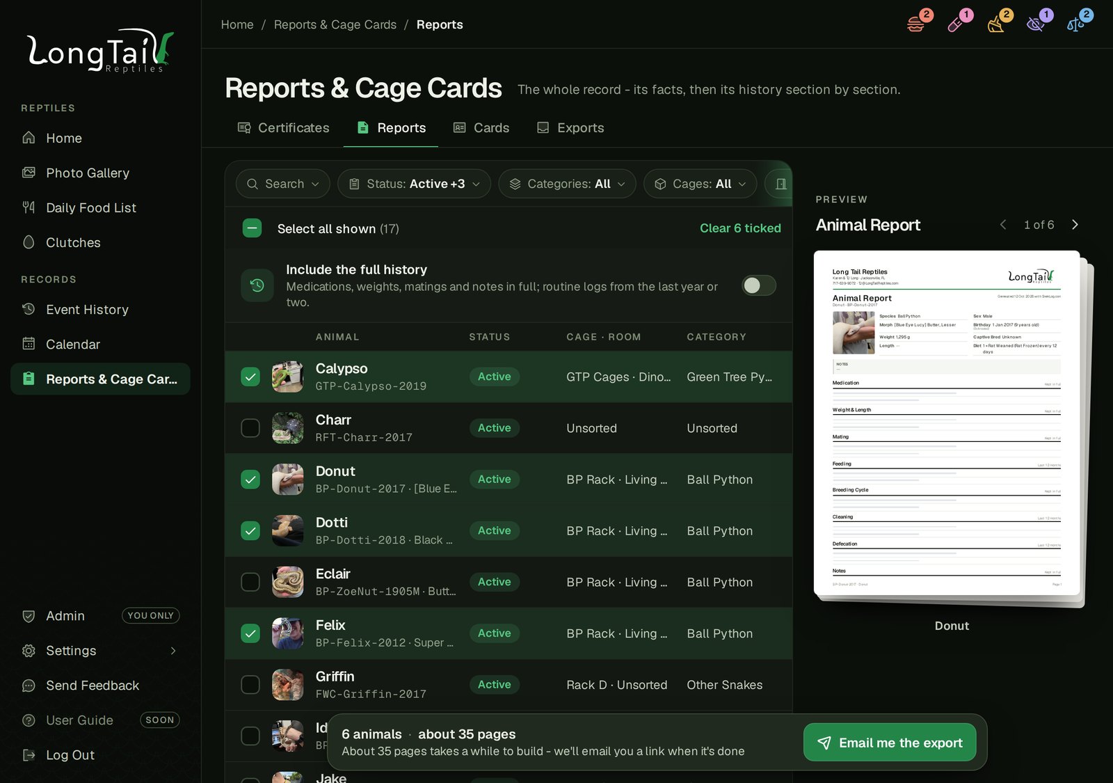 The Reports screen