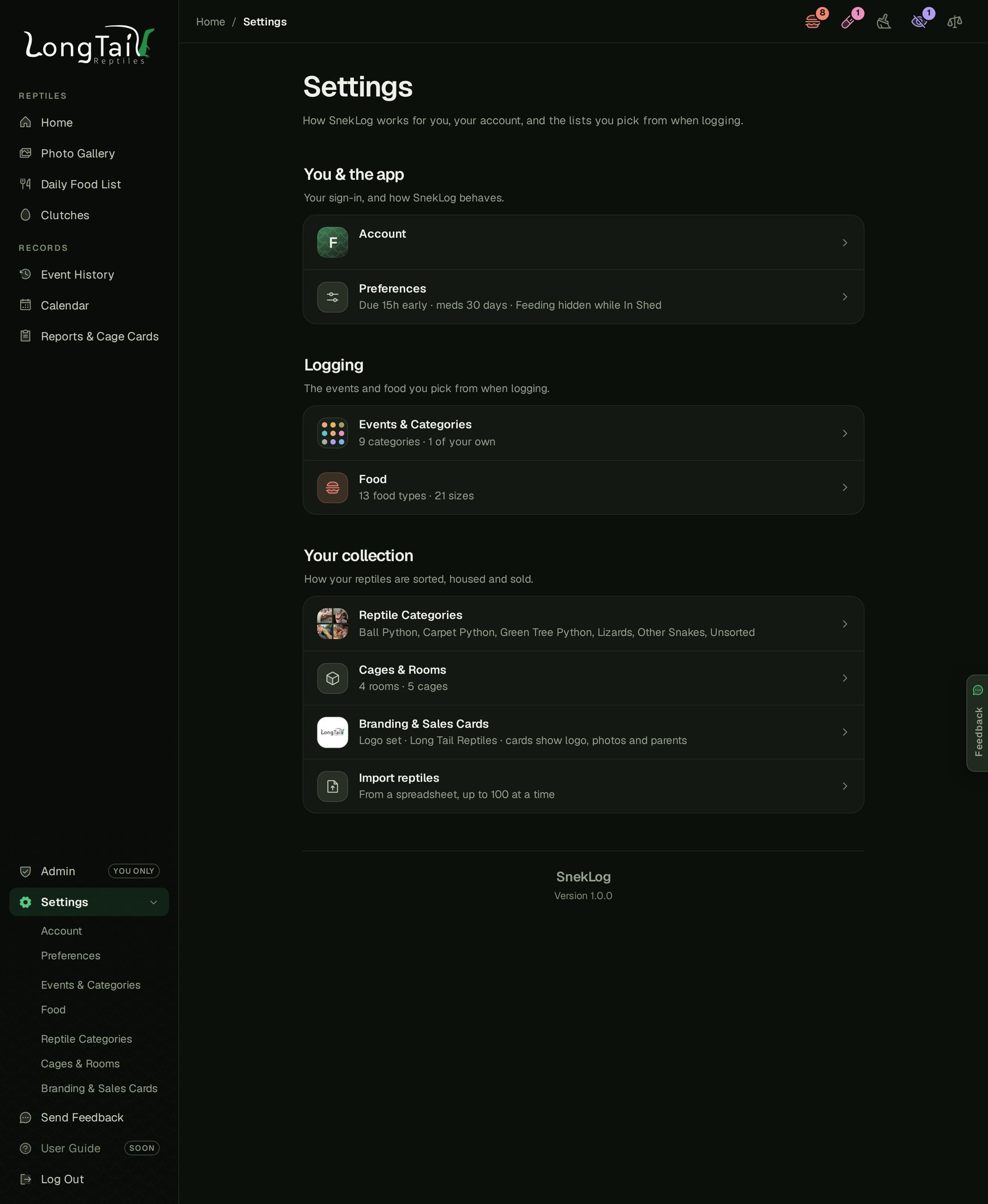 The Settings menu