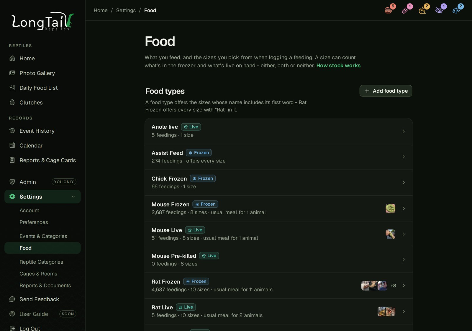 Food types with their Frozen and Live tags