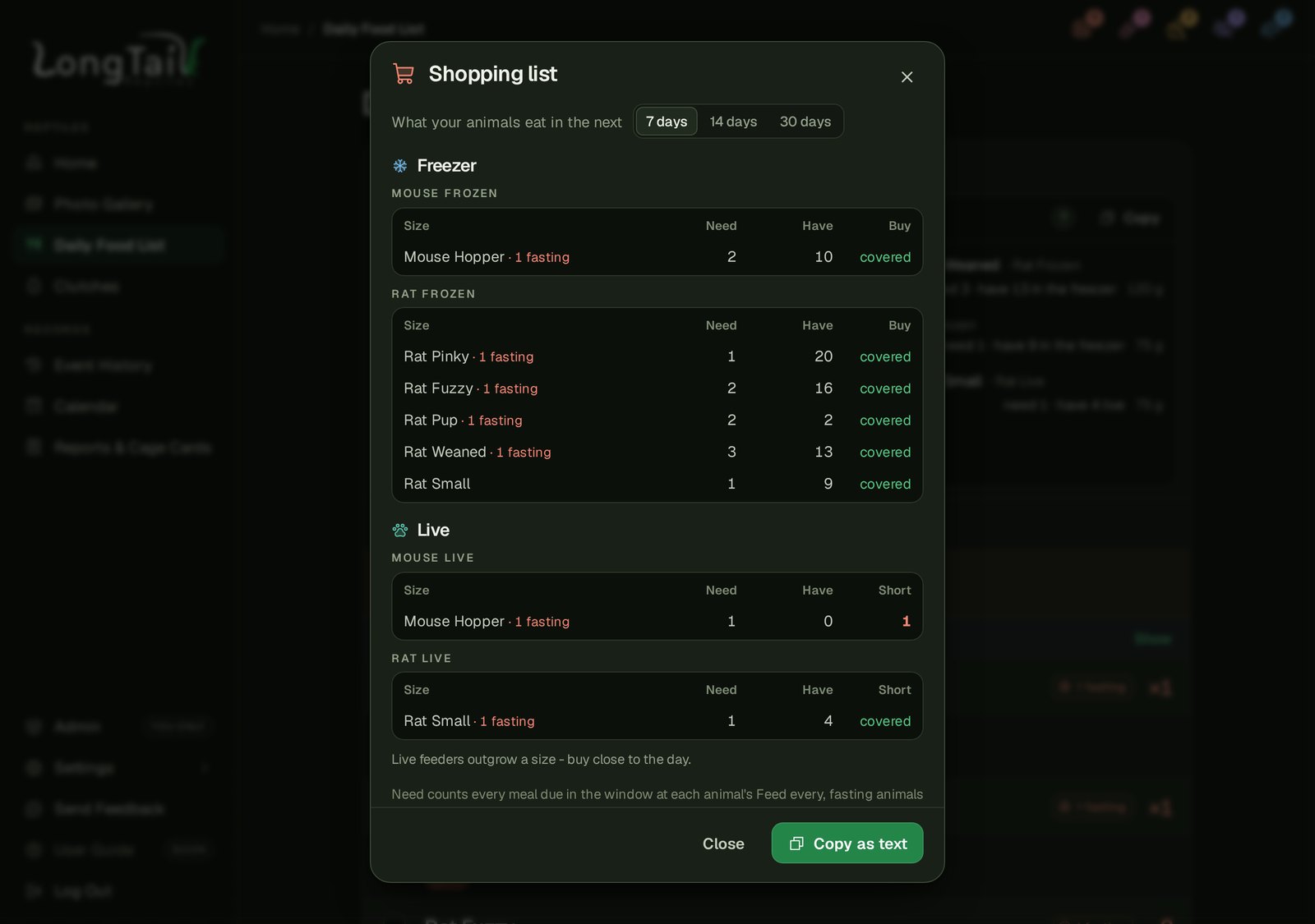 The Shopping list's Freezer and Live sections